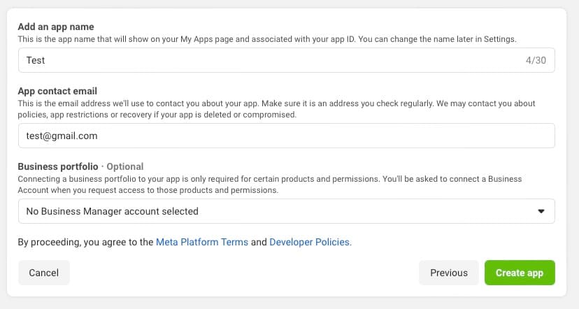 Third step of the Meta App account creation